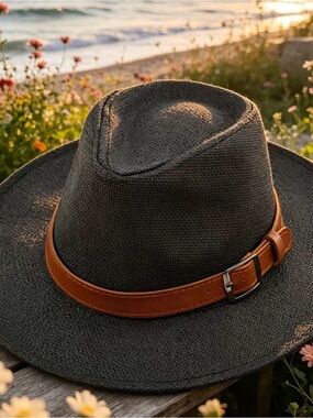 Men's Dark Gray Fedora Hat with Brown Leather Band